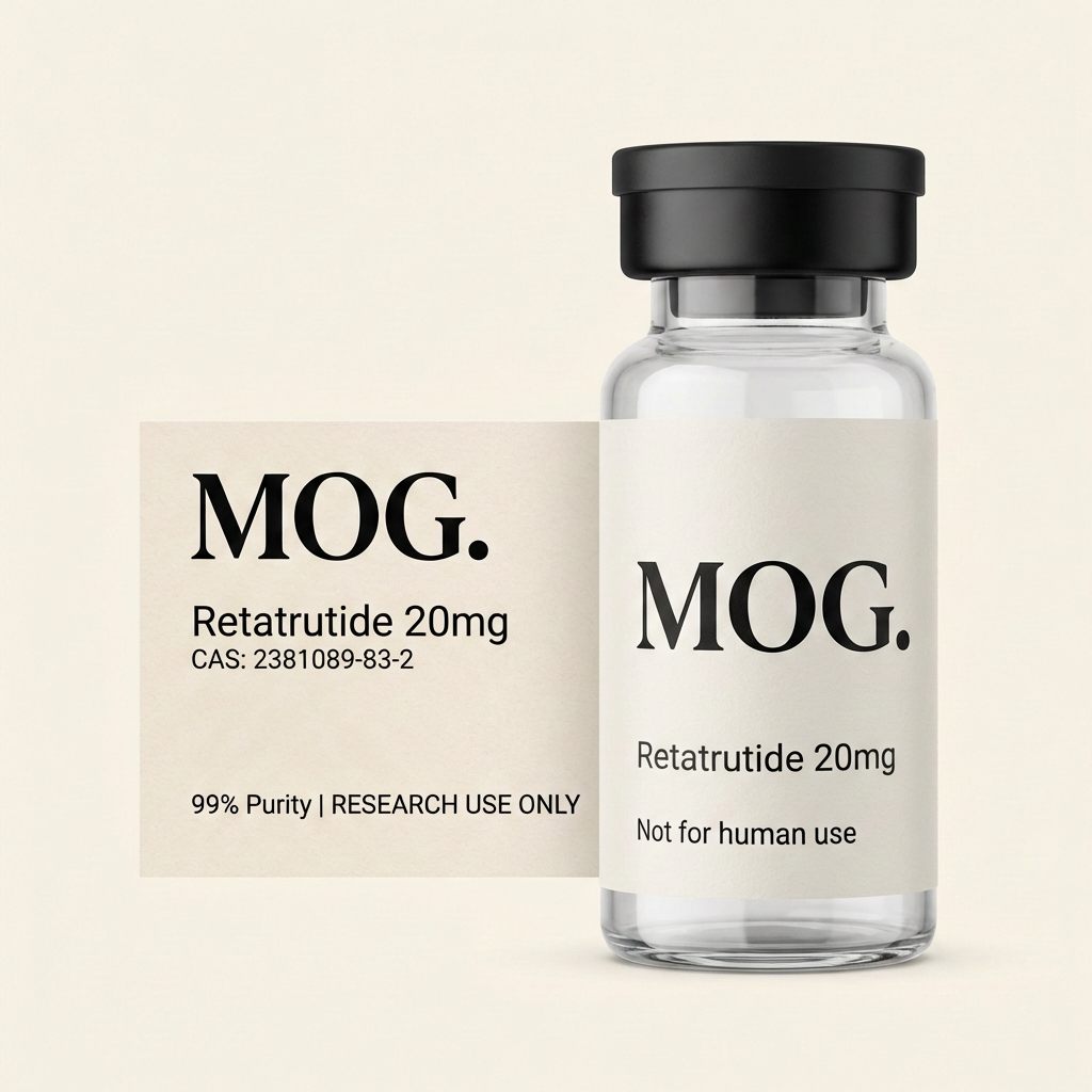 Retatrutide 20mg research peptide vial (triple GLP-1 agonist) — ≥99% purity — MOG Research